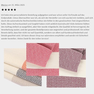 May include: A selection of folded textiles with geometric diamond patterns in red, gray, and cream. The image includes a customer review with a five-star rating and text in German.