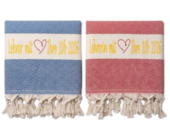Gift for a teacher, a teacher with heart, a gift for teachers, a farewell gift for school graduation, a beach towel with text, a sauna towel, 100% cotton