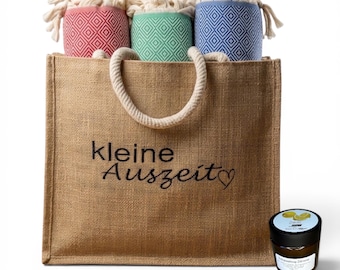 Personalisiertes Wellness Spa Geschenkset mit Saunatuch inkl Bestickte Jutetasche  Geschenk für  Geburtstag Optional Salzpeeling Zitrone