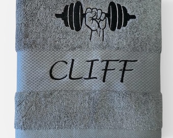 Personalized fitness towel with embroidered name, gym towel with dumbbell motif, gift for fitness, bodybuilding, sports towel set