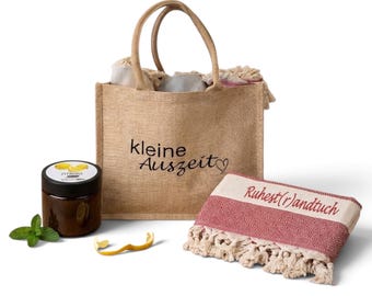 Personalized Retirement Gift: Sauna Towel with Name, Embroidered Jute Bag & Lemon Salt Scrub Wellness Set