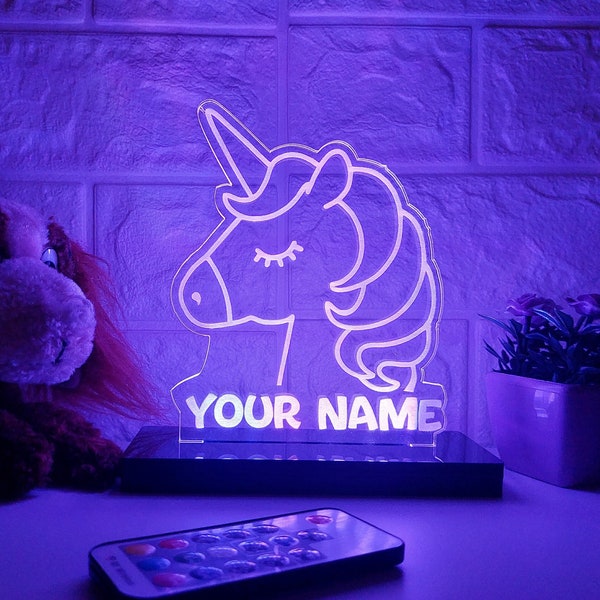 Veilleuse licorne personnalisée - Lampe acrylique RVB avec télécommande - Décoration pour chambre d'enfant, Cadeau pour bébé, Jolies lampes pour enfants, Cadeau de Pâques