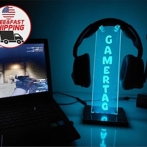 Custom RGB Acrylic Headphone Stand with Personalized Gamer Tag - Gaming Logo - LED Headset Holder - Gamer Gift - Gamer Dad&#39;s Gift