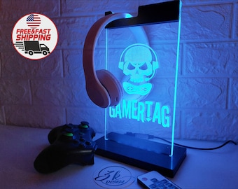 RGB iluminado personalizado Gamertag soporte de acrílico para auriculares/soporte de auriculares para juegos personalizable/regalo para él/accesorio de sala de juegos