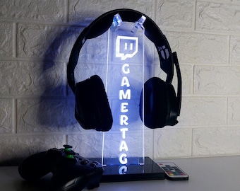 Personalisierter Gamer Tag Kopfhörerständer aus Acryl mit RGB-LED-Beleuchtung - Benutzerdefinierter Name und Logo - Geschenk für Gamer - Halloween- und Weihnachtsgeschenk