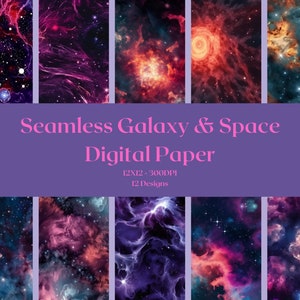 May include: A digital paper pack featuring 12 seamless galaxy and space designs. The designs are in shades of pink, purple, blue, and black. The designs are 12x12 inches and 300 DPI.