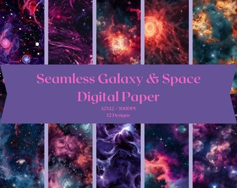 Può includere: Un pacchetto di carta digitale con 12 motivi di galassie e spazio senza cuciture. I motivi sono in tonalità di rosa, viola, blu e nero. I motivi misurano 12x12 pollici e 300 DPI.