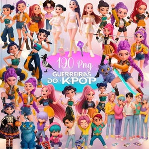 Könnte beinhalten: Eine Sammlung von Cartoonfiguren in verschiedenen Posen, gekleidet in farbenfrohen Outfits. Die Figuren sind unterschiedlichen Geschlechts und haben eine Vielzahl von Frisuren. Das Bild enthält den Text "190 Png GUERREIRAS DO KPOP".