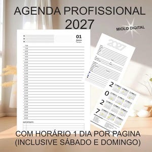 Puede incluir: Agenda profesional 2027 en blanco y negro con diseño de horario diario, incluyendo franjas horarias de 7:00 a 20:00. Páginas adicionales muestran un calendario anual y una hoja de información personal. El texto "AGENDA PROFISSIONAL 2027" está en la parte superior.
