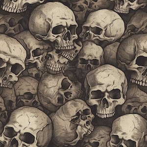 Puede incluir: Una imagen de primer plano de una pila de cráneos humanos, todos en varias posiciones y ángulos. Los cráneos están dibujados en un estilo detallado y realista con sombreado y textura. El fondo es una superficie oscura y texturizada.