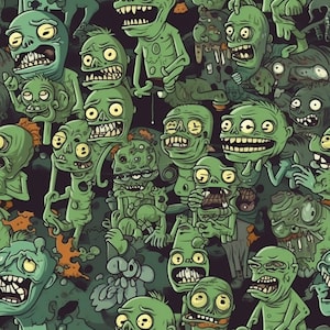 May include: A digital illustration of a green and white pattern featuring a variety of cartoon zombies with different expressions and poses. The zombies have green skin, white eyes, and sharp teeth.