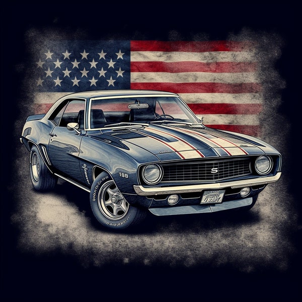 Camaro with American Flag Background Digital Art File, High Resolution (1644x1644)