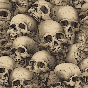 Puede incluir: Un patrón sin costuras de ilustraciones detalladas de cráneos en blanco y negro. Los cráneos están dispuestos en un patrón caótico y superpuesto, creando una sensación de profundidad y textura.