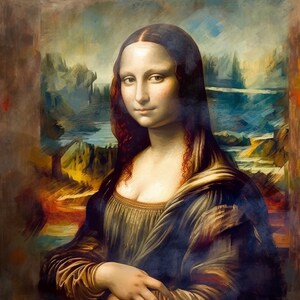 Könnte beinhalten: Ein Gemälde einer Frau mit langen braunen Haaren, die ein dunkelblaues und braunes Kleid trägt. Der Hintergrund ist eine Landschaft mit blauem Himmel und grünen Hügeln.