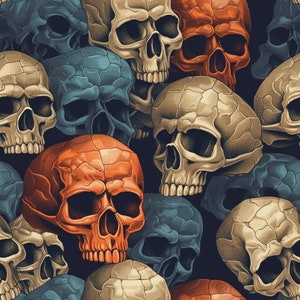 May include: A seamless pattern featuring a variety of colorful skulls. The skulls are arranged in a random pattern and are all different shapes and sizes. Some of the skulls are painted in a realistic style, while others are more stylized. The skulls are all set against a dark background.
