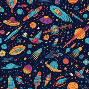 Puede incluir: Un patrón sin costuras colorido dibujado a mano con cohetes, planetas, estrellas y otros elementos espaciales sobre un fondo azul oscuro.