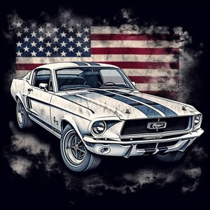 Mustang with American Flag Background Digital Art File, High Resolution (1644x1644)