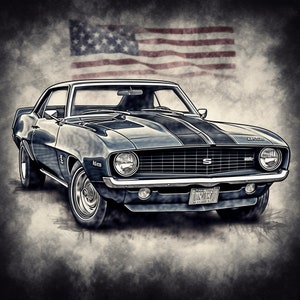 Camaro with American Flag Background Digital Art File, High Resolution (1644x1644)