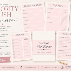 Puede incluir: Un conjunto de planificador de rush de hermandad en rosa y blanco que incluye una portada titulada My Rush Week Planner, un horario semanal, un planificador de atuendos, un horario diario y una página A Little About Me con notas.