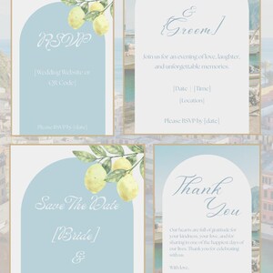 May include: A set of four arched wedding stationery cards featuring watercolor lemon illustrations on a light blue background with gold borders. The text includes RSVP, Bride & Groom, Save The Date, and Thank You, with placeholders for event details.