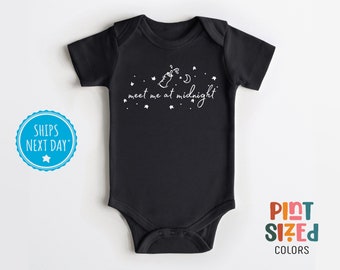 Retro New Baby Onesie® - Cute Announcement Bodysuit - Meet Me at Midnight Onesie® - Funny Newborn Baby Gift - Black