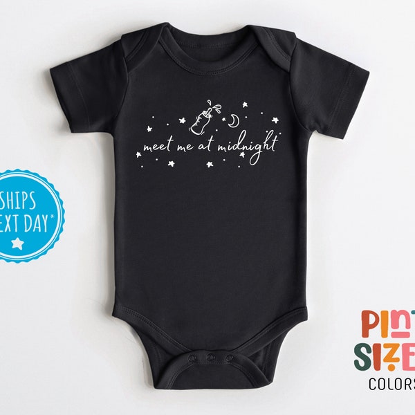 Retro New Baby Onesie® - Cute Announcement Bodysuit - Meet Me at Midnight Onesie® - Funny Newborn Baby Gift - Black