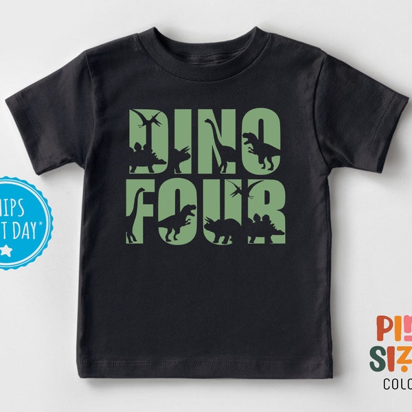 Fourth Birthday Dinosaur Toddler Shirt - 4 Year Old Birthday Shirt - Boys Dino-Four Birthday Tee - Black