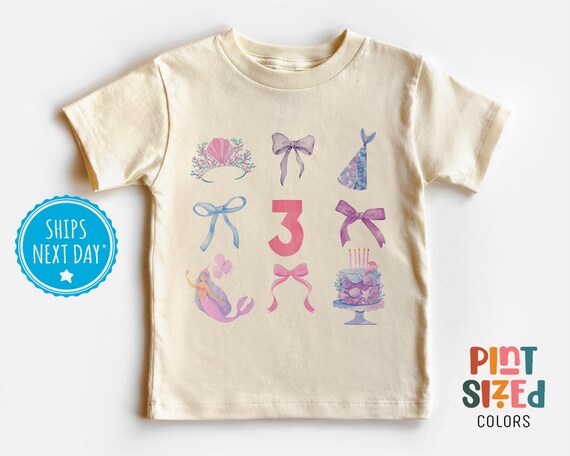 Third Birthday Girls Shirt Retro Mermaid Birthday Girls Tee 3 Year Old Cute Pink Bows Girls Coquette Shirt