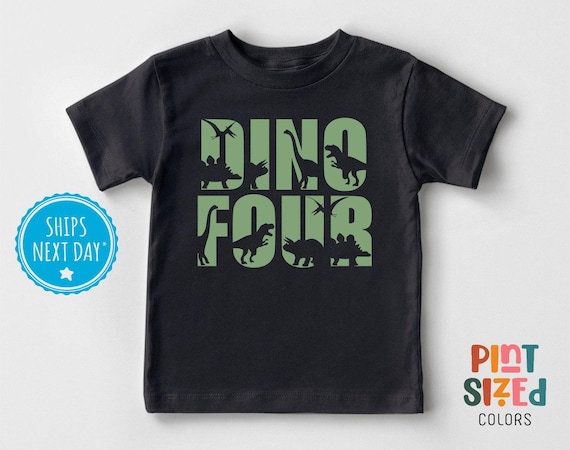 Fourth Birthday Dinosaur Shirt Kids 4 Year Old Birthday Shirt - Boys Dino-Four Birthday Tee - Black