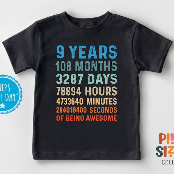 Ninth Birthday Kids Shirt - 9 Year Old Birthday Shirt - Boys Birthday Tee - Black