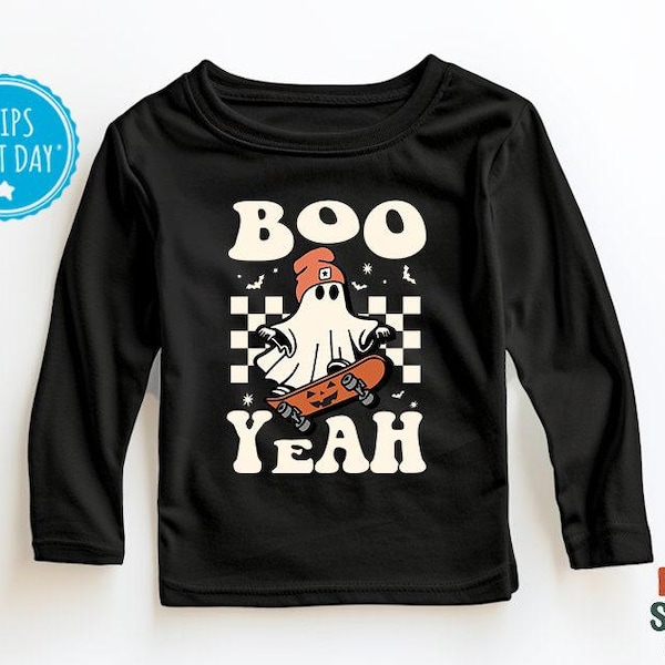 Camiseta Boo Yeah para niño - Camiseta de Halloween con fantasmas para niño - Camiseta retro de patineta para niño - Negra