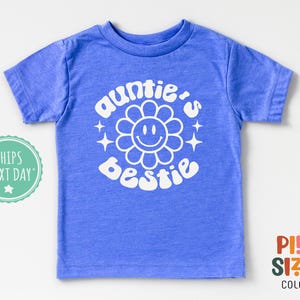 Retro Auntie&#39;s Bestie Toddler Shirt - I Love My Auntie Kids Tee - Cute Flower Shirt - Blue