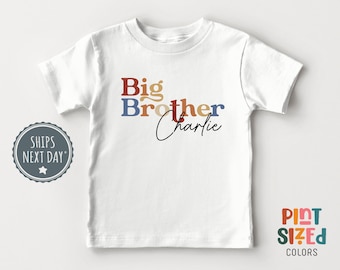 Personalized Big Brother Shirt - Custom Boys Name Toddler Tee - Retro Sibling Kids Shirt - White