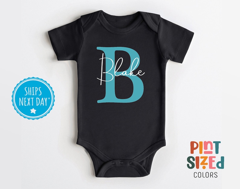 Personalized Boys Name Onesie® - Custom Boys Bodysuit - Cute Baby Gift - Black image 1