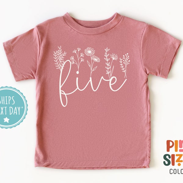 Girls Fifth Birthday Toddler Shirt - Cute Wildflower Kids Tee - Boho Birthday Kids Gift - Mauve