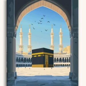 May include: An artistic depiction of the Kaaba in Mecca, Saudi Arabia, framed by an archway. The black cube-shaped structure is adorned with gold accents. The image includes minarets, a blue sky, and birds, creating a serene religious scene.