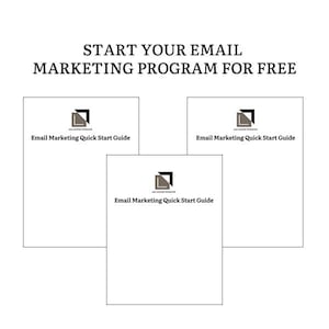 Könnte beinhalten: Drei weiße Blätter Papier mit einem schwarzen und grauen Logo und dem Text "E-Mail-Marketing-Schnellstart-Anleitung" auf jedem Blatt.