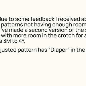 May include: Text on a cream background states: "NOTE: due to some feedback... I've made a second version of the shorts pattern... for sizes 3M to 4Y. This adjusted pattern has "Diaper" in the file name." A red circle with "tn" is in the bottom right.