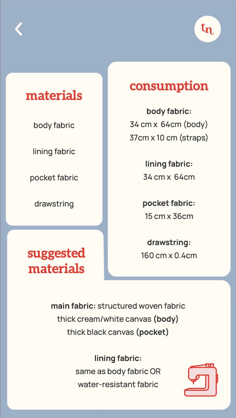 May include: A diagram showing the materials and consumption needed to make a bag. The materials include body fabric, lining fabric, pocket fabric, and drawstring. The consumption is listed in centimeters. The suggested materials include structured woven fabric, thick cream/white canvas, thick black canvas, and water-resistant fabric.