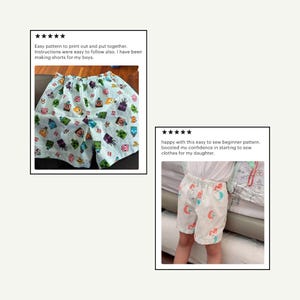 May include: Two pairs of children's shorts are shown. One pair is light blue with a pattern of pixelated characters. The other pair is white with a pattern of red and blue mermaids. Text on the image says, "Easy pattern to print out and put together."
