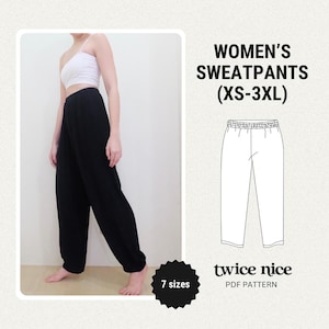 May include: Black sweatpants with an elasticated waistband are shown in this image. The text "WOMEN'S SWEATPANTS (XS-3XL)" is displayed. A diagram of the sweatpants is also shown. The image also includes the text "7 sizes" and "twice nice PDF PATTERN".