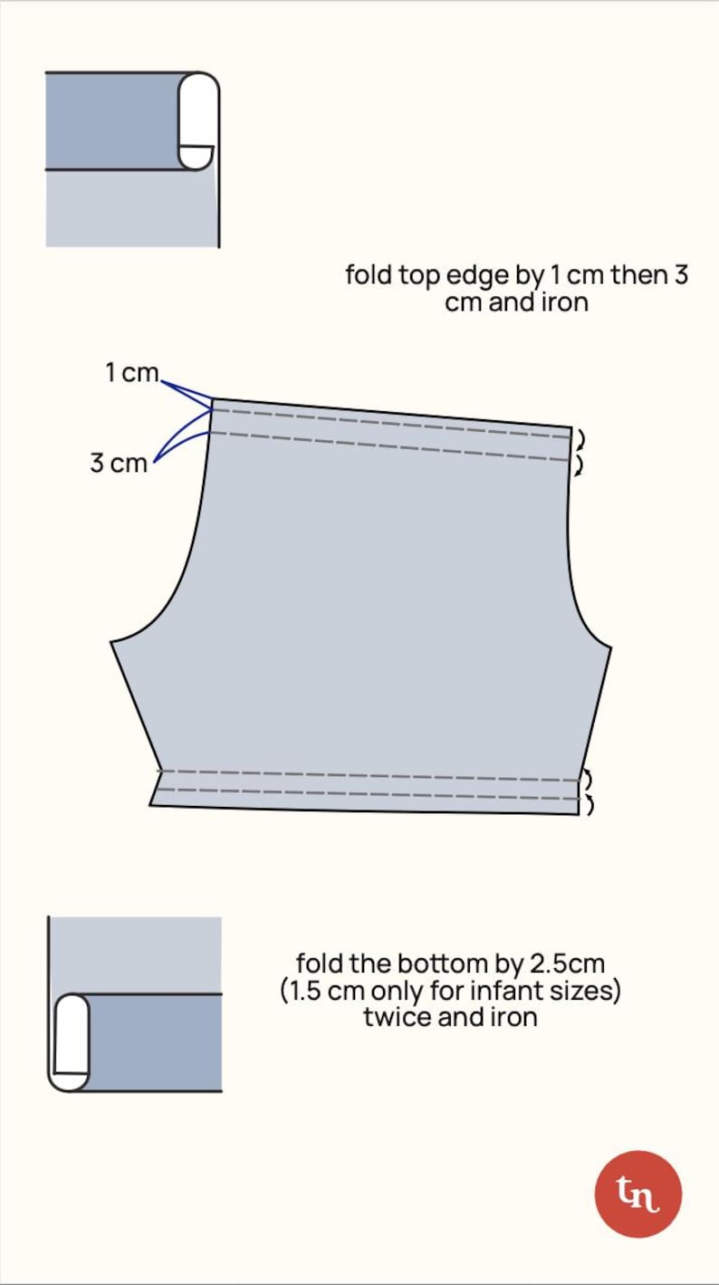 May include: A light blue garment piece diagram with folding and ironing instructions. The top edge is folded by 1 cm and then 3 cm. The bottom edge is folded by 2.5 cm (1.5 cm for infant sizes). Text includes measurements.