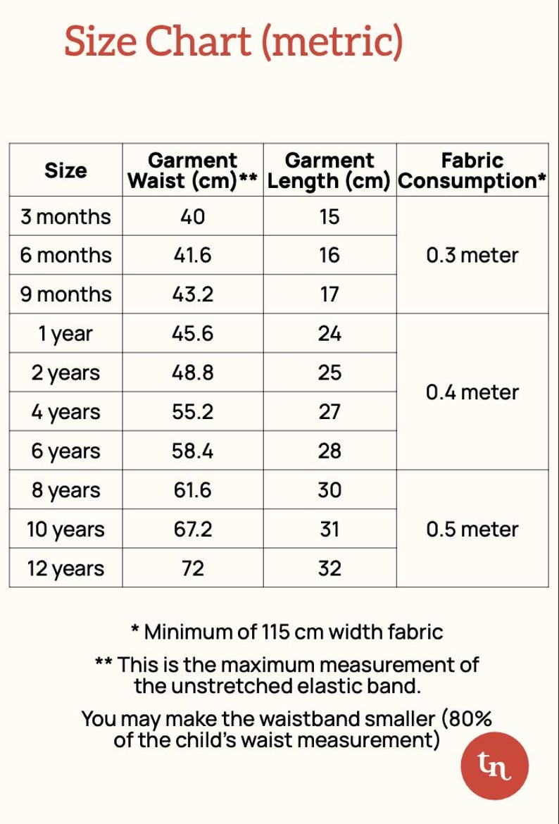 May include: A metric size chart for children's clothing, detailing garment waist and length in centimetres. Sizes range from 3 months to 12 years. Fabric consumption is also provided in meters.