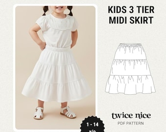 Kids Tiered Midi Skirt Sewing Pattern: Beginner 3-Layer Design (PDF Pattern 1-14 years old)
