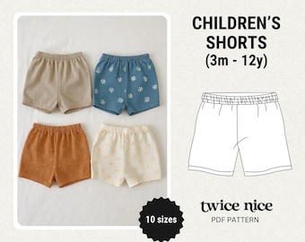Easy Kids Shorts Sewing Pattern: Beginner Elastic Waist (PDF Pattern, 3-12 months & 1-12 yrs.)