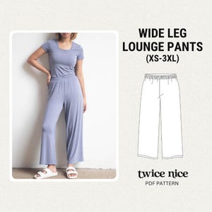 Puede incluir: Conjunto de salón azul claro con una camiseta de manga corta y pantalones de pernera ancha. La imagen incluye un dibujo lineal de los pantalones y el texto "WIDE LEG LOUNGE PANTS (XS-3XL)" y "twice nice PDF PATTERN".