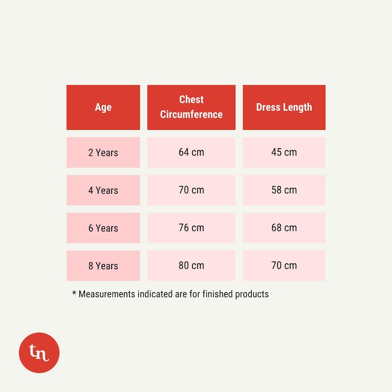 May include: A chart showing dress sizes for children ages 2 to 8 years old. The chart lists chest circumference and dress length in centimeters.  Measurements indicated are for finished products.