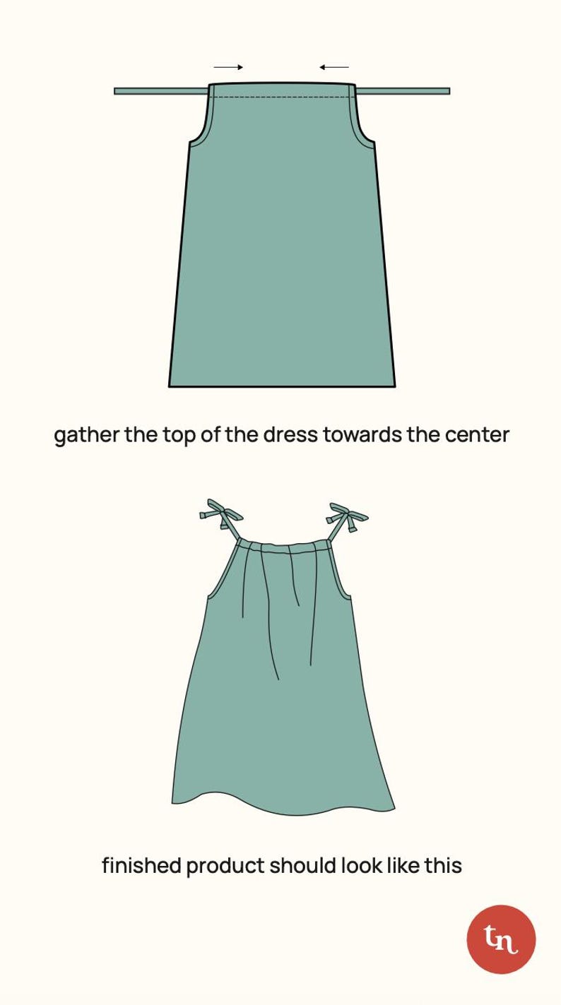 May include: A diagram showing how to gather the top of a sleeveless dress to create a gathered neckline. The first image shows the dress before gathering, and the second image shows the dress after gathering. The dress is a light green color.