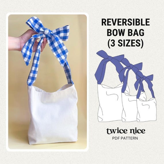 Bow Tote Bag Pattern | Adjustable Ribbon Length | Cute Reversible Bag in 3 Sizes | Beginner Sewing PDF Pattern