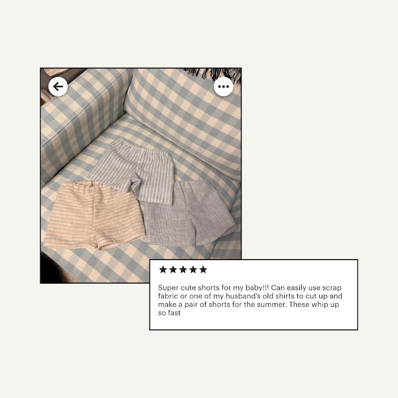 May include: Three pairs of baby shorts in beige, light blue, and grey, each with a striped pattern. The shorts are displayed on a light blue and white checkered patterned couch. The shorts are handmade.